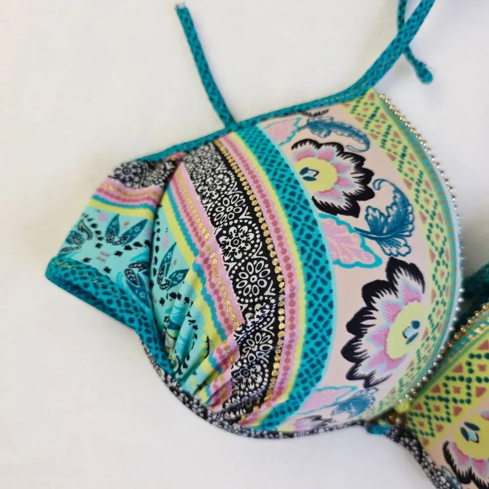 Shade & Shore Padded Bikini Top 34B Teal Paisley Tassel Underwire Boho Swim